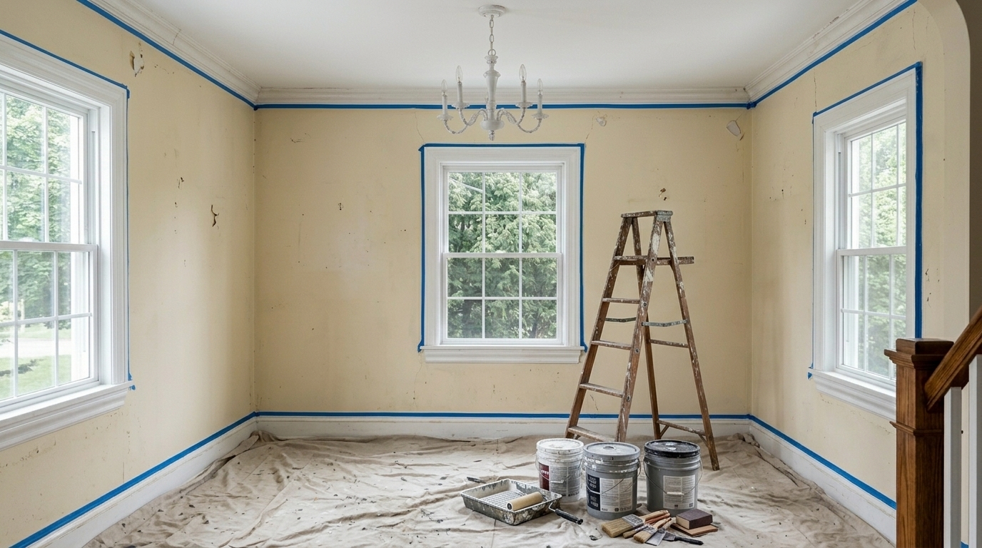 Salle à manger en préparation avec toile, échelle et ruban bleu sur les boiseries