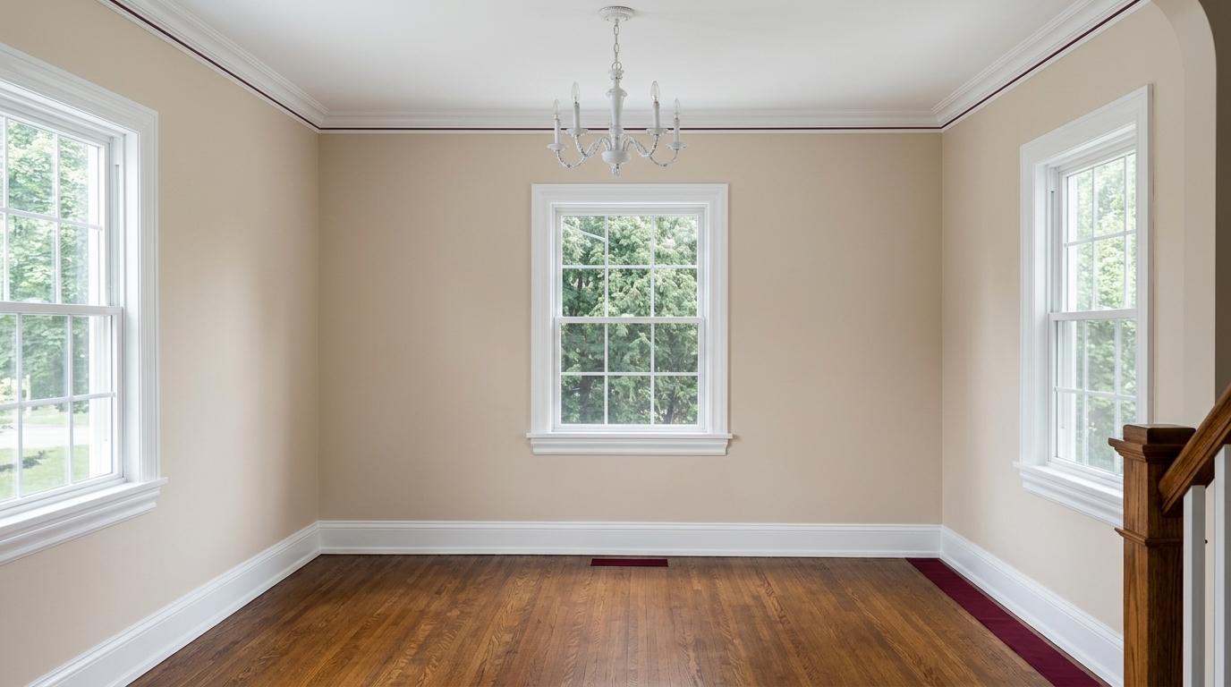 Salle à manger restaurée avec boiseries blanches et mur beige chaleureux