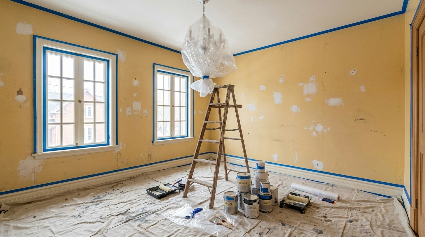 Chambre en préparation avec lustre protégé, baldes de peinture et échelle