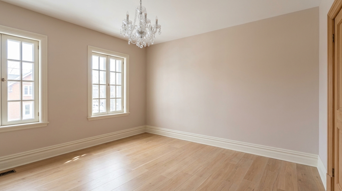 Chambre principale avec lustre en cristal et boiseries ivoire