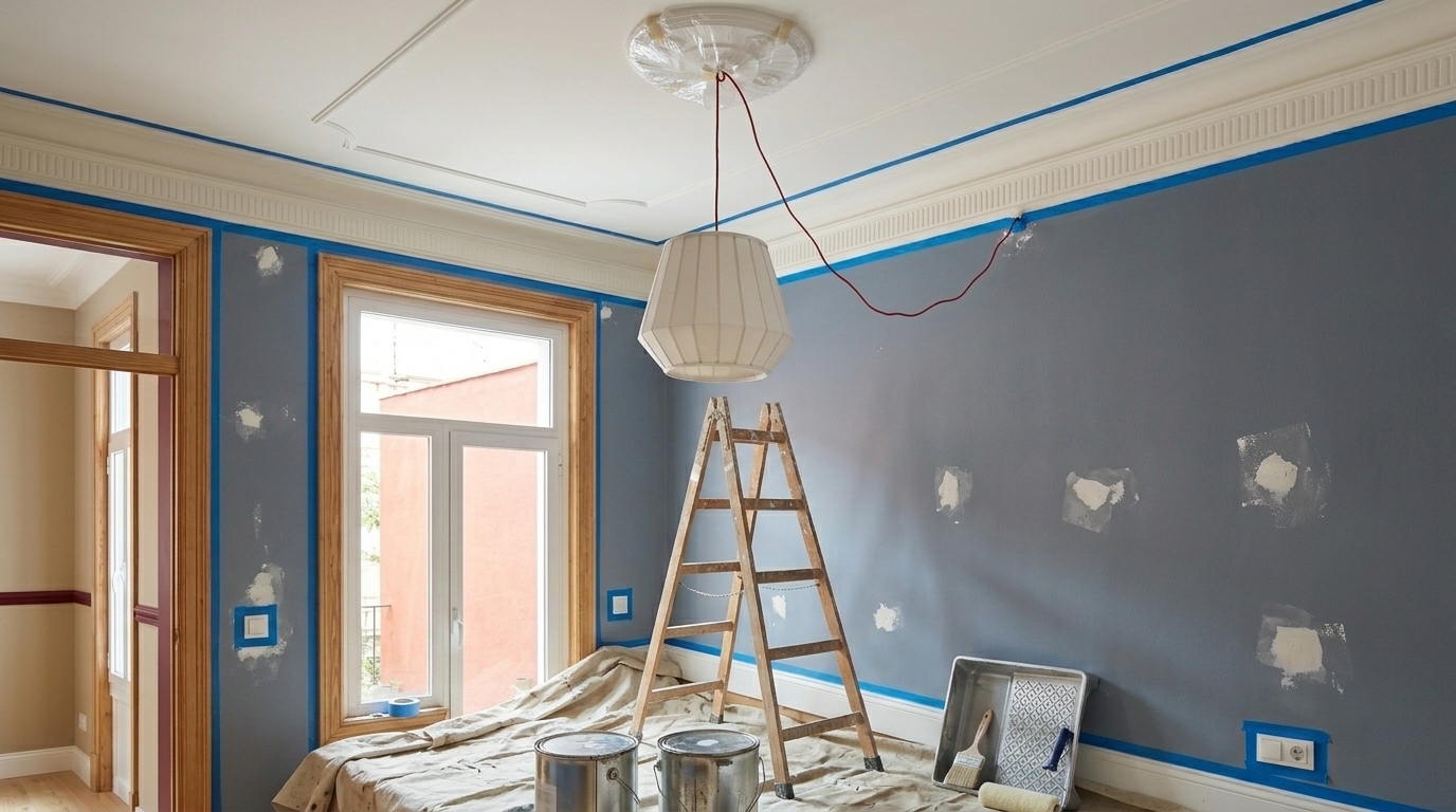 Chambre avec médaillon protégé en préparation pour peinture