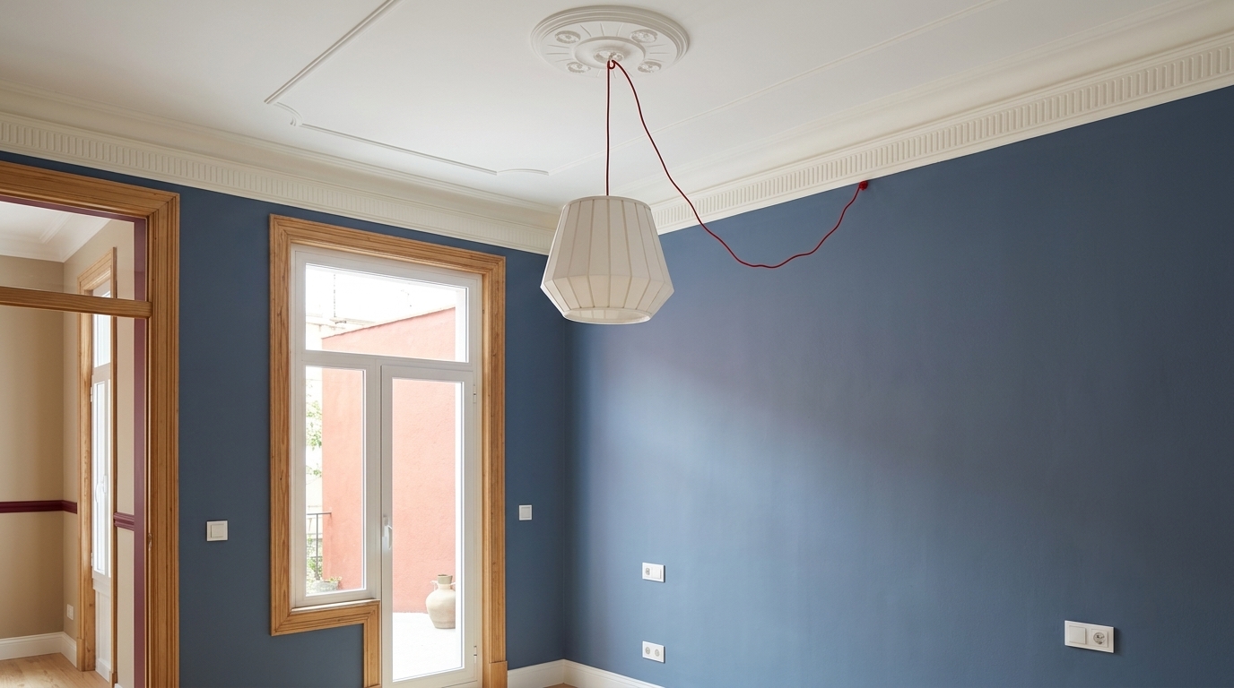 Chambre avec médaillon de plafond et corniches restaurées
