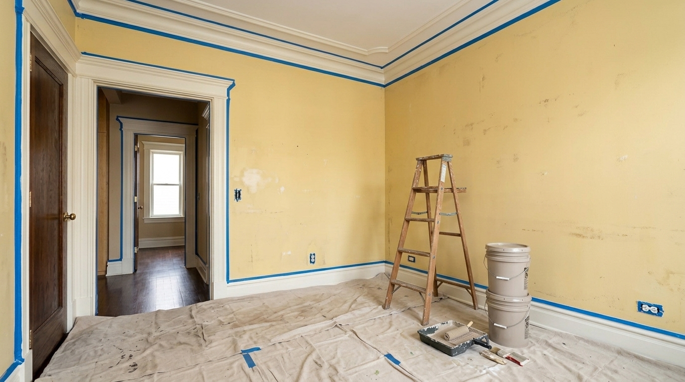 Chambre en préparation avec toiles, baldes et ruban bleu
