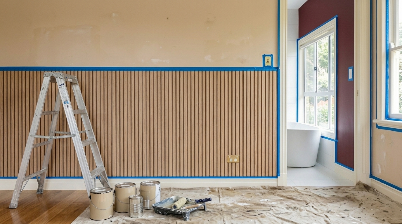 Chambre avec tasseaux de bois en préparation et matériel de peinture