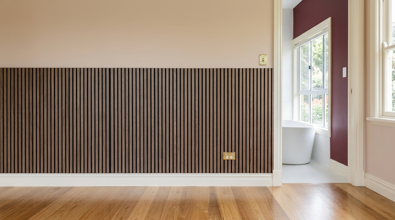 Chambre avec mur de tasseaux de bois et murs beige chaleureux