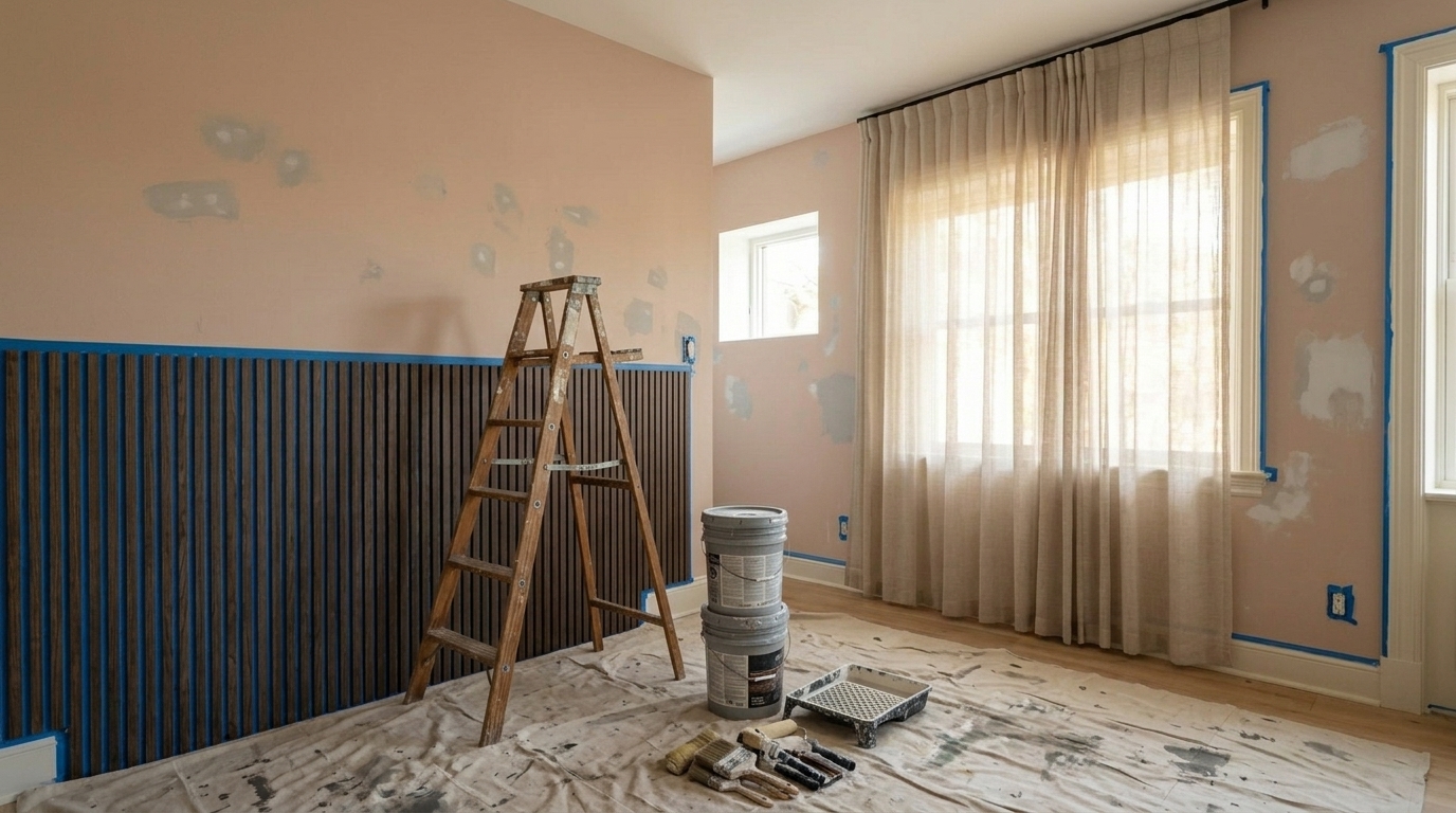 Chambre en préparation avec échelle et baldes de peinture