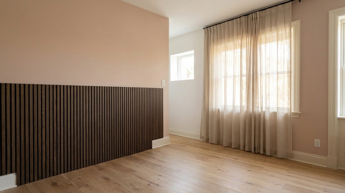 Chambre avec mur de tasseaux verticaux et fenêtre habillée